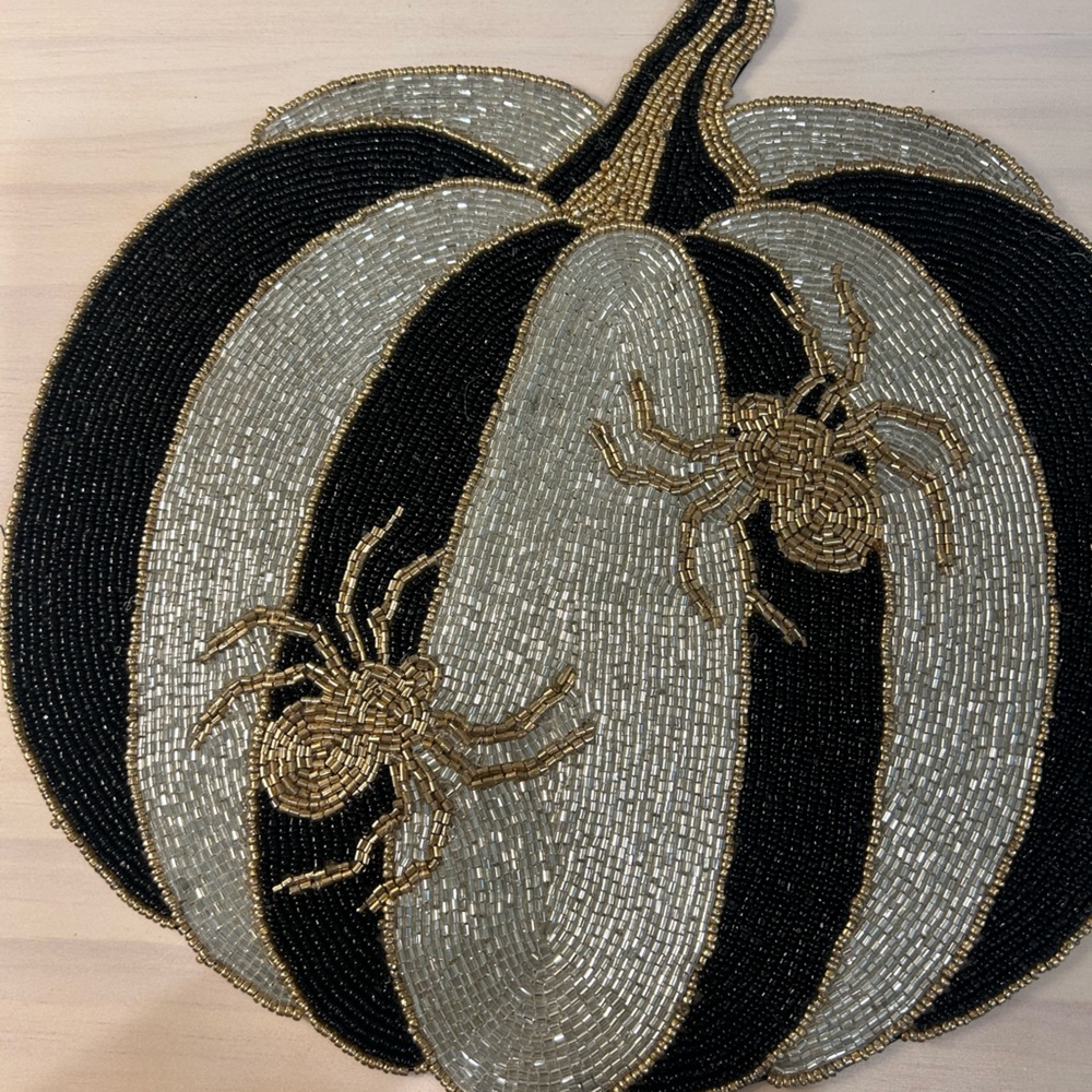 Christian Siriano Halloween Pumpkin w/ Spiders Beaded Placemat Charger 14in NEW